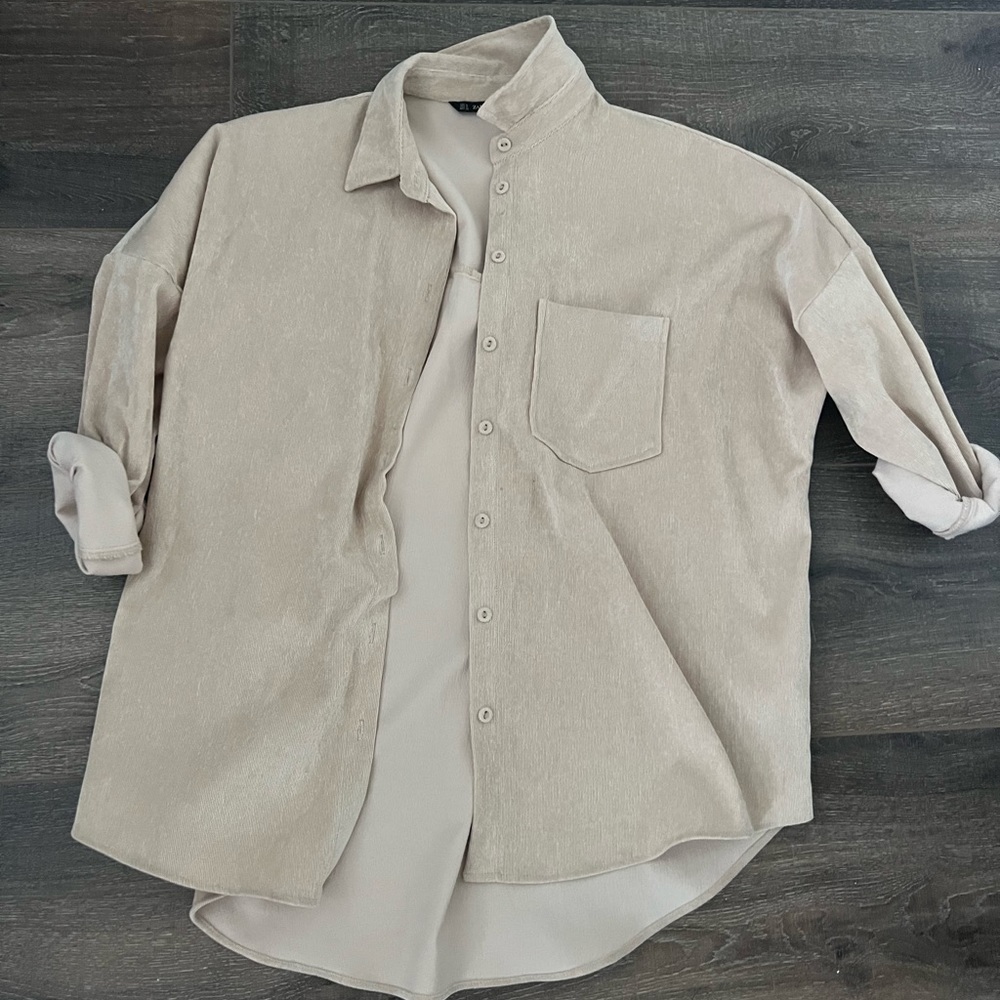 Beige, Zara, corduroy boyfriend button down shirt. Size medium.
